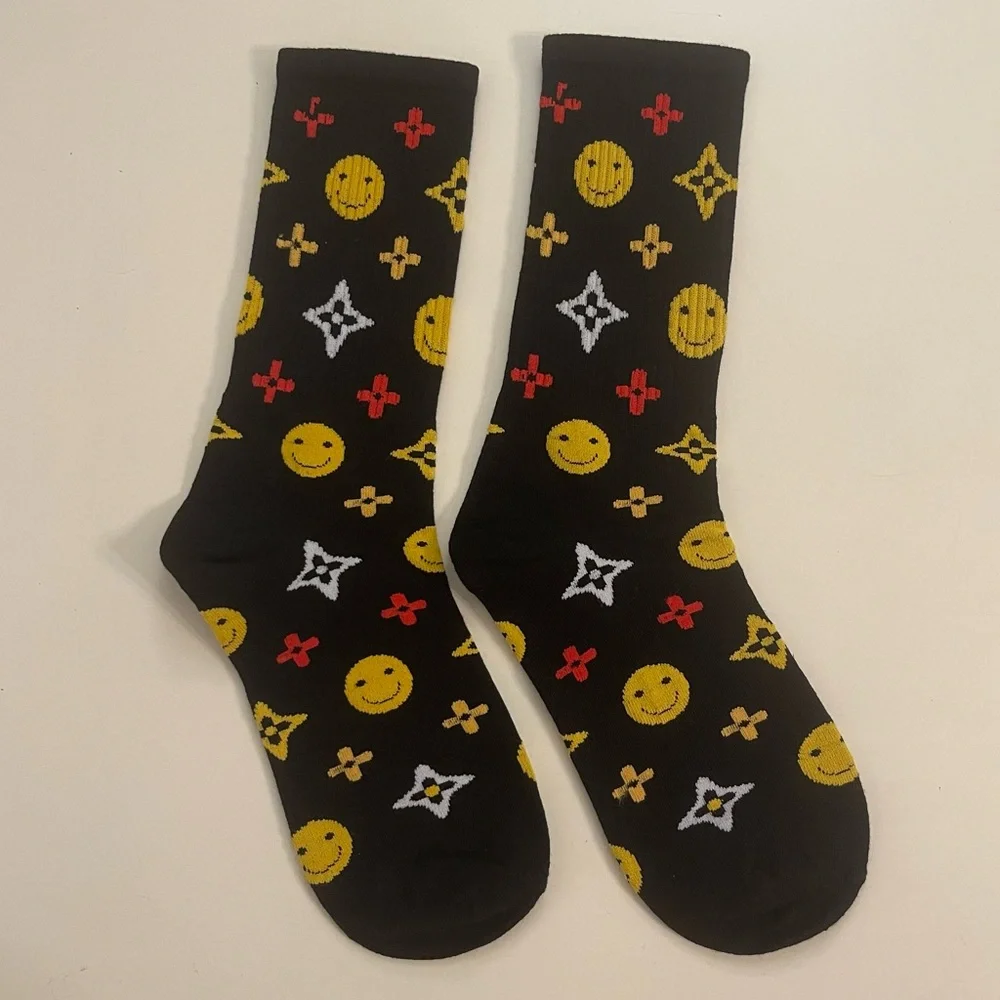 Brand New | Monogram Smiley Face Crew Socks - Black Multi